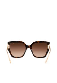 Lunettes de soleil carrées écaille avec verres marron dégradés et branches en métal doré au design géométrique.