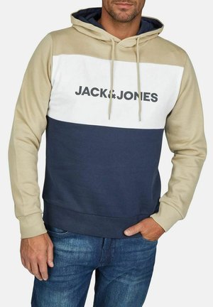Hooded sweatshirt in beige, white, and navy blue. Features large logo, drawstrings, and ribbed hem. Made of soft fabric, casual design.