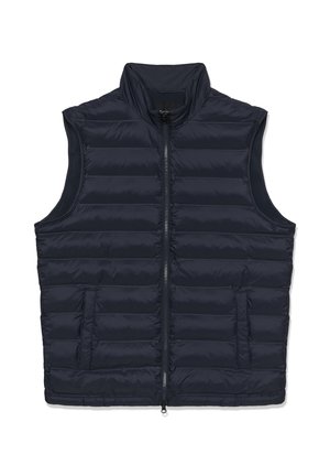 Mornarsko plavi, bez rukava, puffa prsluk s visokim ovratnikom, prednjim patentnim zatvaračem i dva bočna džepa. Ima horizontalni kviltani dizajn i glatku teksturu.