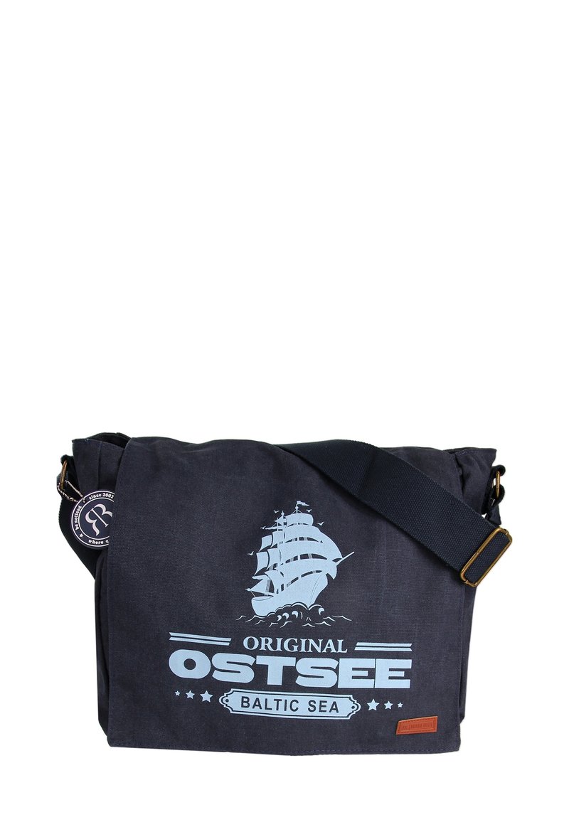 Dark blue canvas messenger bag with a light blue ship graphic, adjustable strap, and leather tag detailing. Features a spacious main compartment.