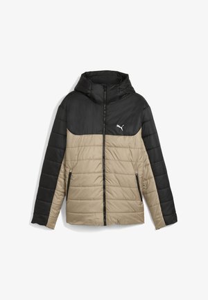Gepolsterte Jacke mit schwarzem Oberteil und beigem Unterteil. Verfügt über eine Kapuze, einen Reißverschluss und seitliche Taschen. Hergestellt aus glattem, leichtem Material.