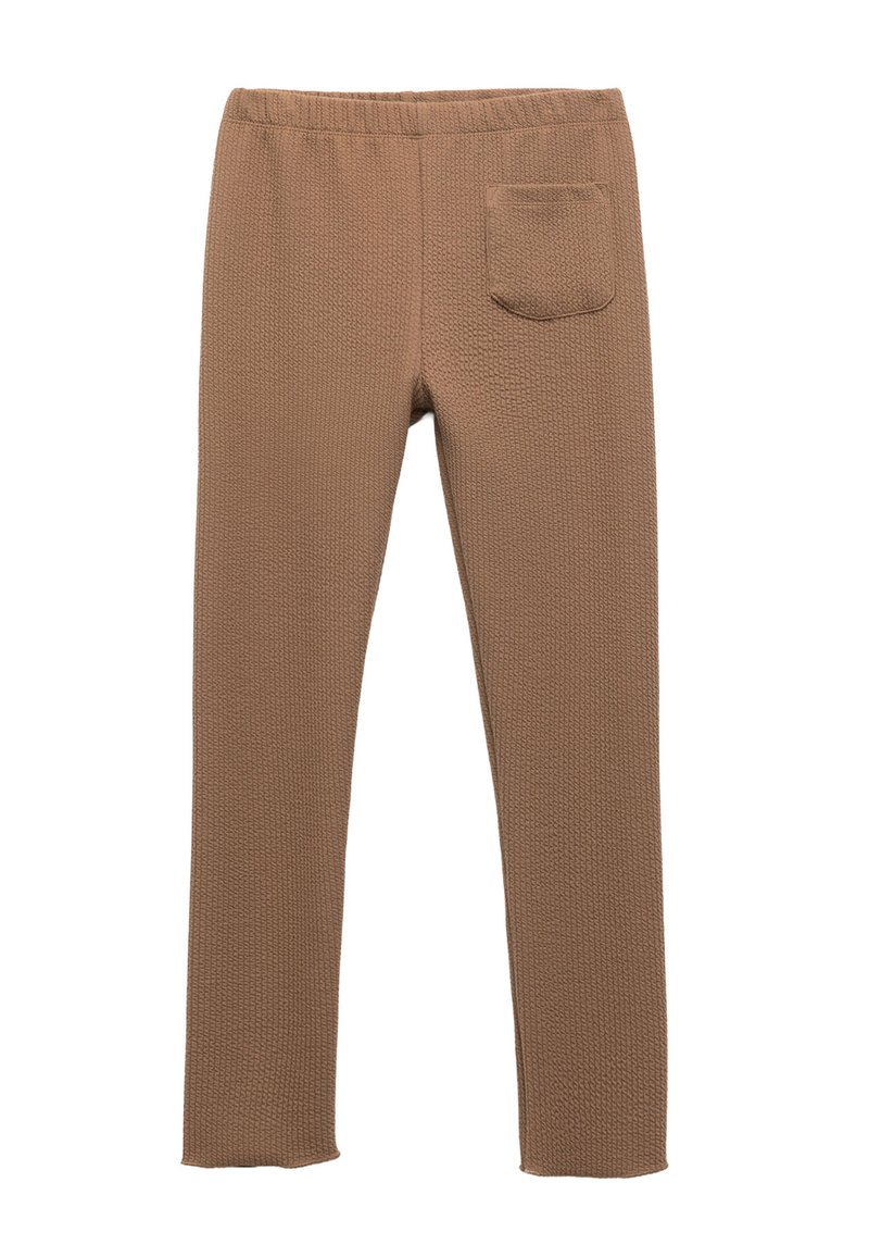 Brune strikkede leggings med en tekstureret overflade, elastisk talje og en enkelt baglomme. Tætsiddende design med lige ben.