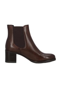 Braune Leder-Ankle Boots mit elastischen Seitenpanelen, rundem Zehenbereich und strukturiertem Blockabsatz. Glatte Oberfläche mit klassischen Designelementen.