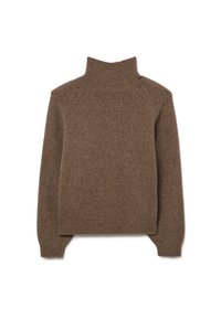 Maglione marrone lavorato a maglia con colletto alto, polsini e orlo a coste. Presenta un motivo testurizzato con macchie irregolari in tutto il tessuto.