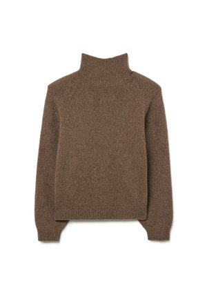 Sudadera de punto marrón con cuello alto, puños acanalados y dobladillo. Presenta un patrón texturizado con manchas irregulares en toda la tela.