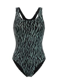Eén-delig zwempak in het zwart met een groen tijgerstreep patroon, voorzien van een ronde halslijn en brede banden voor ondersteuning en comfort.