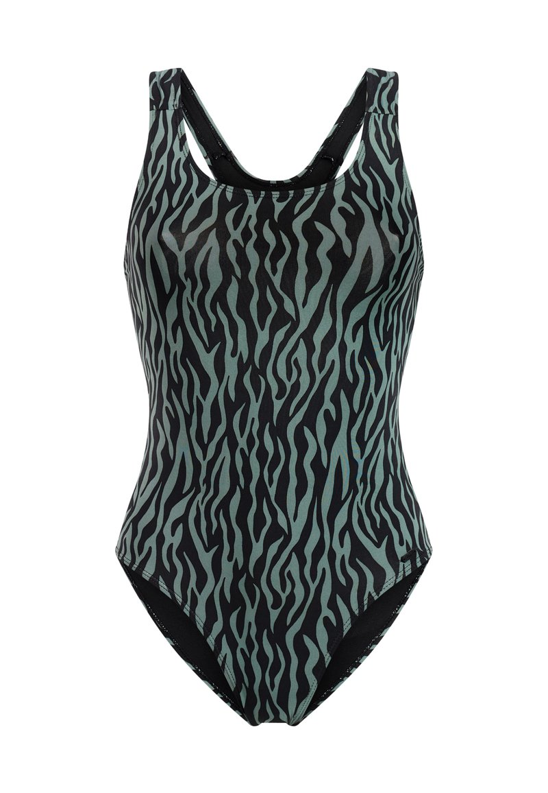 Eén-delig zwempak in het zwart met een groen tijgerstreep patroon, voorzien van een ronde halslijn en brede banden voor ondersteuning en comfort.