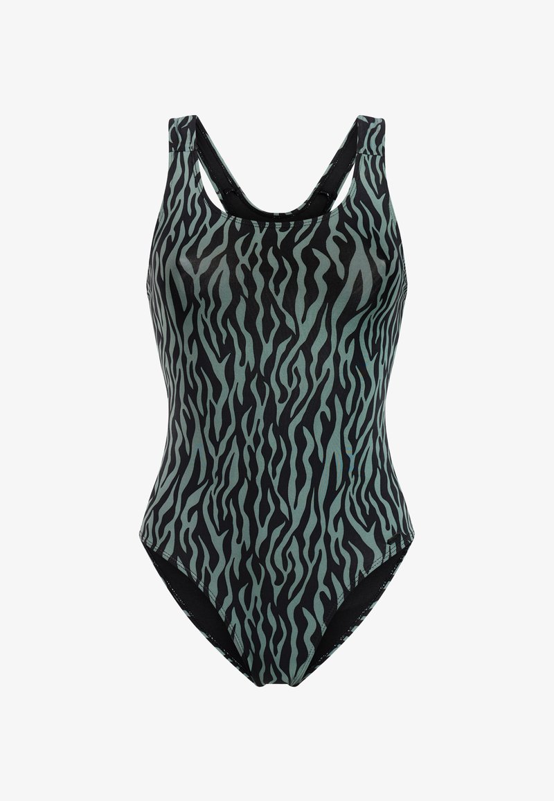 Eén-delig zwempak in het zwart met een groen tijgerstreep patroon, voorzien van een ronde halslijn en brede banden voor ondersteuning en comfort.