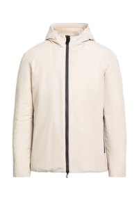 Lichtbeige jas met capuchon, zwarte rits en zijzakken. Gladde textuur, gewatteerd ontwerp en een minimalistische silhouet.