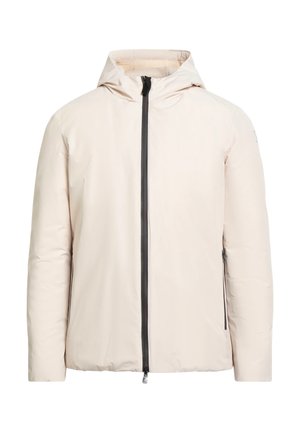 Giacca beige chiaro con cappuccio, cerniera nera e tasche laterali. Texture liscia, design imbottito e silhouette minimalista.