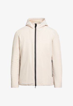 Giacca beige chiaro con cappuccio, cerniera nera e tasche laterali. Texture liscia, design imbottito e silhouette minimalista.