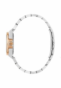 Zegarek ze stali nierdzewnej z różowozłotą obręczą, smukłą prostokątną kopertą oraz polerowaną srebrną bransoletą z ogniwami i zapięciem na zatrzask.