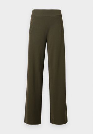Pantalons taille haute vert olive à jambes larges, fabriqués en tissu doux et extensible. Dotés d'une ceinture ajustée et de deux poches avant. Texture lisse, sans motifs visibles.