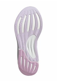 Schuhsohle mit einer lila Gummibasis und weißen Rillen und Erhebungen für zusätzliche Trittfestigkeit. Die geschwungene Form verbessert die Flexibilität und den Halt.