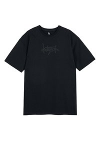 Czarna bawełniana koszulka z krótkim rękawem, z małym graficznym nadrukiem na piersi w kontrastowym odcieniu.