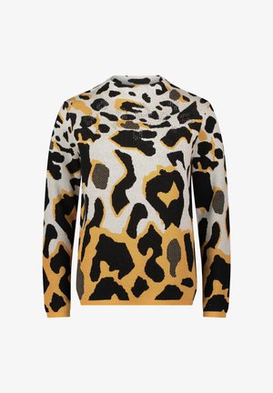 Sveter s leopardím vzorom v čiernej, žltej a bielej farbe; dlhé rukávy a okrúhly výstrih; textúrovaný pletený materiál.