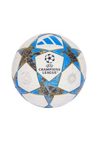 Valkoinen jalkapallo, jossa on sinisiä ja kultaisia yksityiskohtia, tähden kuvio, UEFA Champions League -logo ja yksityiskohtaiset kuvastukset kaloista ja auringosta.