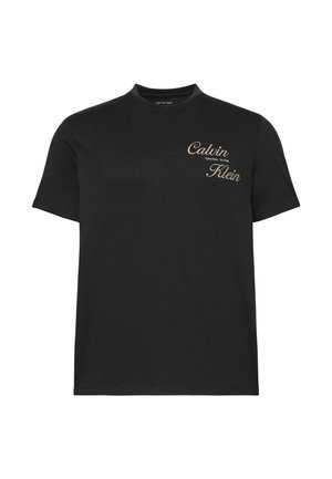 T-shirt noir à manches courtes avec logo Calvin Klein beige sur la poitrine gauche, col rond et design simple.