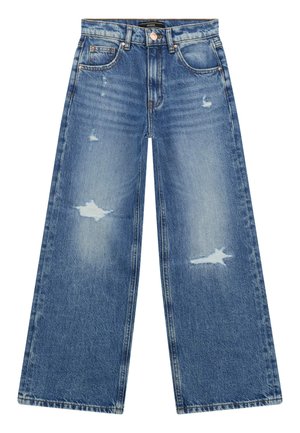 Jeans mit weitem Bein in mittlerem Blau-Denim, mit Used-Details, ausgewaschenen Stellen und Kupferbeschlägen. Klassisches Fünf-Taschen-Design.