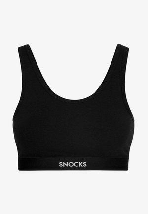 Bralette noir en coton avec de larges bretelles et un décolleté arrondi. Présente une bande élastique noire avec "SNOCKS" imprimé en blanc. Texture lisse.