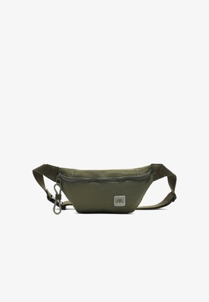 Green nylon waist bag with a rounded shape, zippered compartment, and adjustable strap. Features a small logo patch on the front.