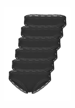 Five black women's underwear with lace trim stacked vertically on a white background.