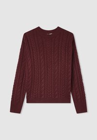 Maglioncino bordeaux a trecce con maniche lunghe e scollo rotondo; presenta un motivo testurizzato e polsini e orlo a costine.
