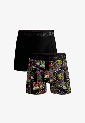 Dva para bokserica: jedan jednobojni crni, a drugi s veselim dizajnom aksolotla i cvijeća na crnoj pozadini, elastična traka.