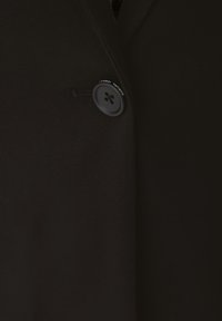 Schwarzer Blazer mit einem eleganten Design, einem einzelnen runden Knopf und einer glatten Textur, der maßgeschneiderte Nähte entlang der Kanten präsentiert.