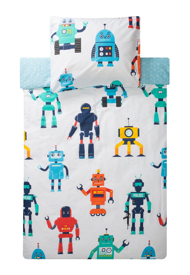 Weißes Bettwäscheset mit bunten Cartoon-Robotern in verschiedenen Formen und Farben, darunter blau, grün, rot, orange und schwarze Muster.