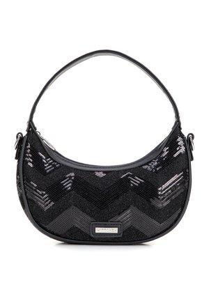 Sac à bandoulière noir en sequins de forme arrondie, avec un motif en chevrons, des accents lisses et une seule sangle.