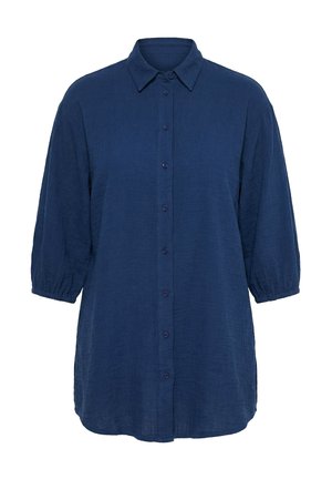 Dunkelblaues Hemd mit Knopfleiste, dreiviertellangen, leicht gepufften Ärmeln und klassischem Kragen, lockere Passform mit strukturierter Stoffqualität.