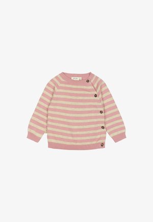 Pulover cu dungi roz și crem, cu mâneci lungi raglan, guler rotund și patru nasturi pe partea stângă. Fabricat dintr-un material moale tricotat.