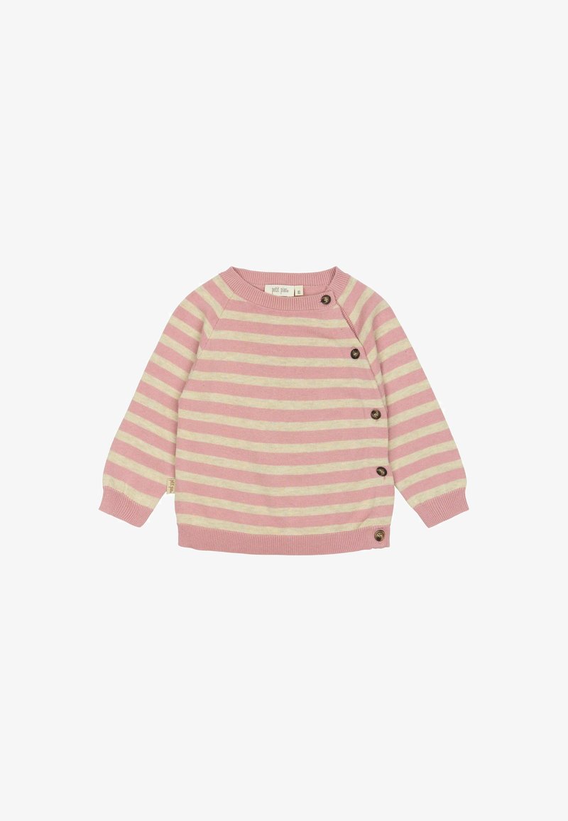 Růžový a krémový pruhovaný svetr s dlouhými raglánovými rukávy, kulatým výstřihem a čtyřmi knoflíky na levé straně. Vyrobeno z měkkého pleteného materiálu.