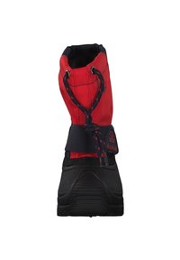 Rote und schwarze Winterstiefel mit hohem Knöchel, Textil-Obermaterial, Gummisohle und Kordelzugverschluss. Mit verstärkter Zehenkappe und Logoakzent.