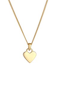 Goldene Herz-Anhänger-Kette mit glatter Oberfläche, befestigt an einer strukturierten Kette. Der Anhänger hat eine obere Schlaufe zur Befestigung.