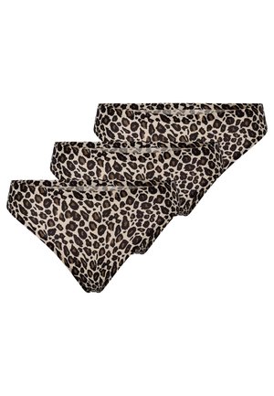 Tre par kvindelige bikiniunderdele med leopardprint i nuancer af sort og brun på beige baggrund. Blødt stof.