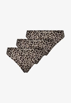 Drei Paar Damen-Bikini-Slips mit Leopardenmuster in Schwarz- und Brauntönen auf beigem Hintergrund. Weicher Stoff.