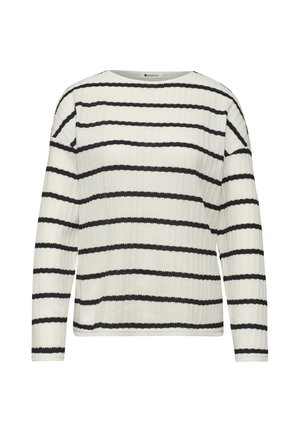 Pull en maille blanche à manches longues avec des rayures noires horizontales régulièrement espacées sur le vêtement.