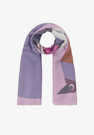 Meerkleurige sjaal met tinten lavendel, roze en grijs. Gemaakt van zachte stof met een geometrisch patroon en franjes aan de randen.