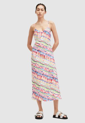 Maxikleid aus leichtem Stoff, mit einem mehrfarbigen Zickzackmuster in Pink, Blau und Grün, dünnen Trägern und einem V-Ausschnitt.