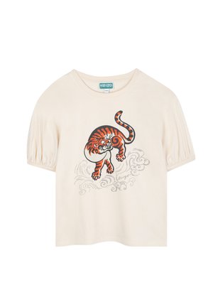 Cream short-sleeve t-shirt with puffed sleeves featuring a colorful tiger graphic and swirling wave designs, made from soft cotton material.