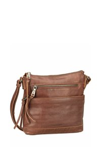 Borsa a tracolla in pelle marrone con compartimento principale con cerniera, tasca anteriore con cerniera e tasca a scomparsa. Finitura testurizzata con dettagli cuciti.