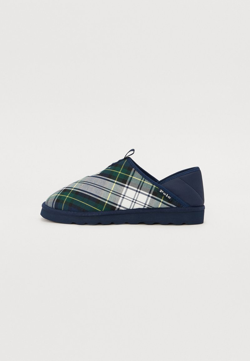 Plaid slip-on shoes featuring a predominantly dark blue and green pattern, with a flexible blue sole and a textured fabric upper.