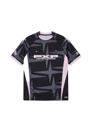 Black and pink short-sleeve sports shirt with abstract star patterns and "PXP Project X Paris" logo on front and sleeves.