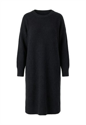 Lang sort strikket sweaterkjole med lange ærmer, ribstrikkede manchetter, kant og rund halsudskæring.