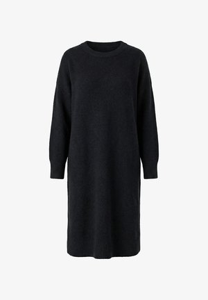 Langes schwarzes Strickpulloverkleid mit langen Ärmeln, gerippten Bündchen, Saum und Rundhalsausschnitt.