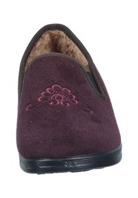 Burgundy suede slipper with embroidery design, soft fur lining, elastic side inserts, and a black rubber sole.