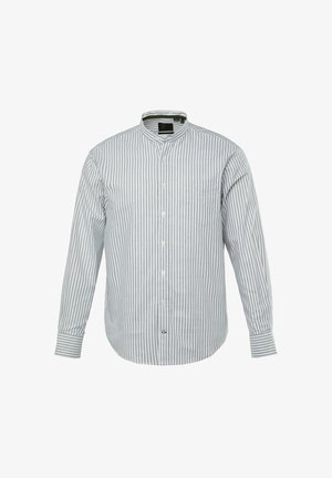 Vaaleanharmaa pitkähiha, jossa tummanharmaat pystysuorat raidat. Nappisuljenta edessä ja bändikaulus. Yksi rintatasku.