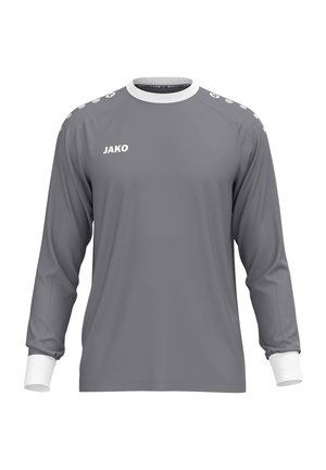 Grå langærmet sportsjersey med hvide manchetter og krave, JAKO-logo på brystet og prikket mønster på skuldrene, vist på ensfarvet baggrund.